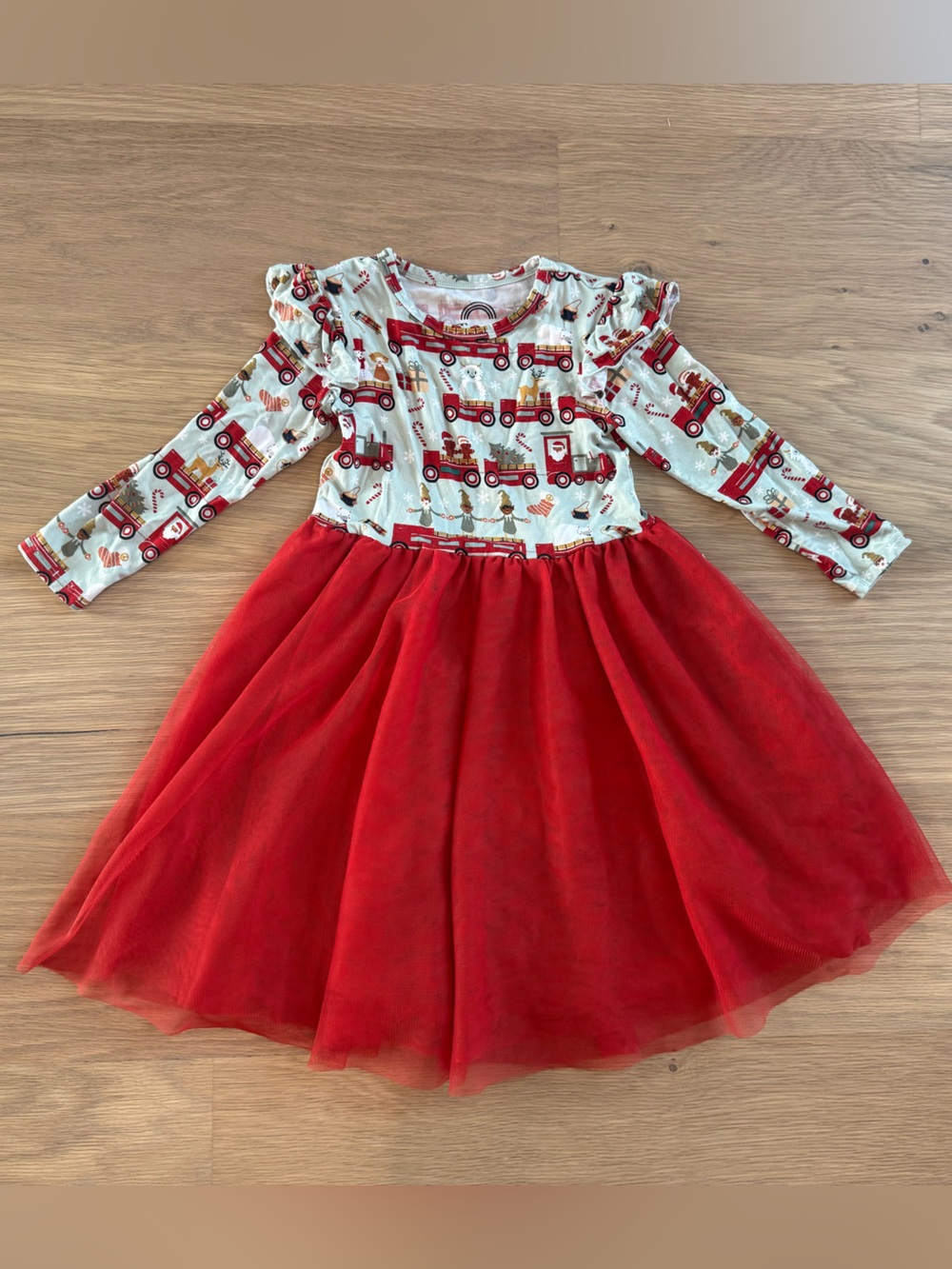 Girls Red Tulle Skirt Costume Dress with Fire Truck Print Top